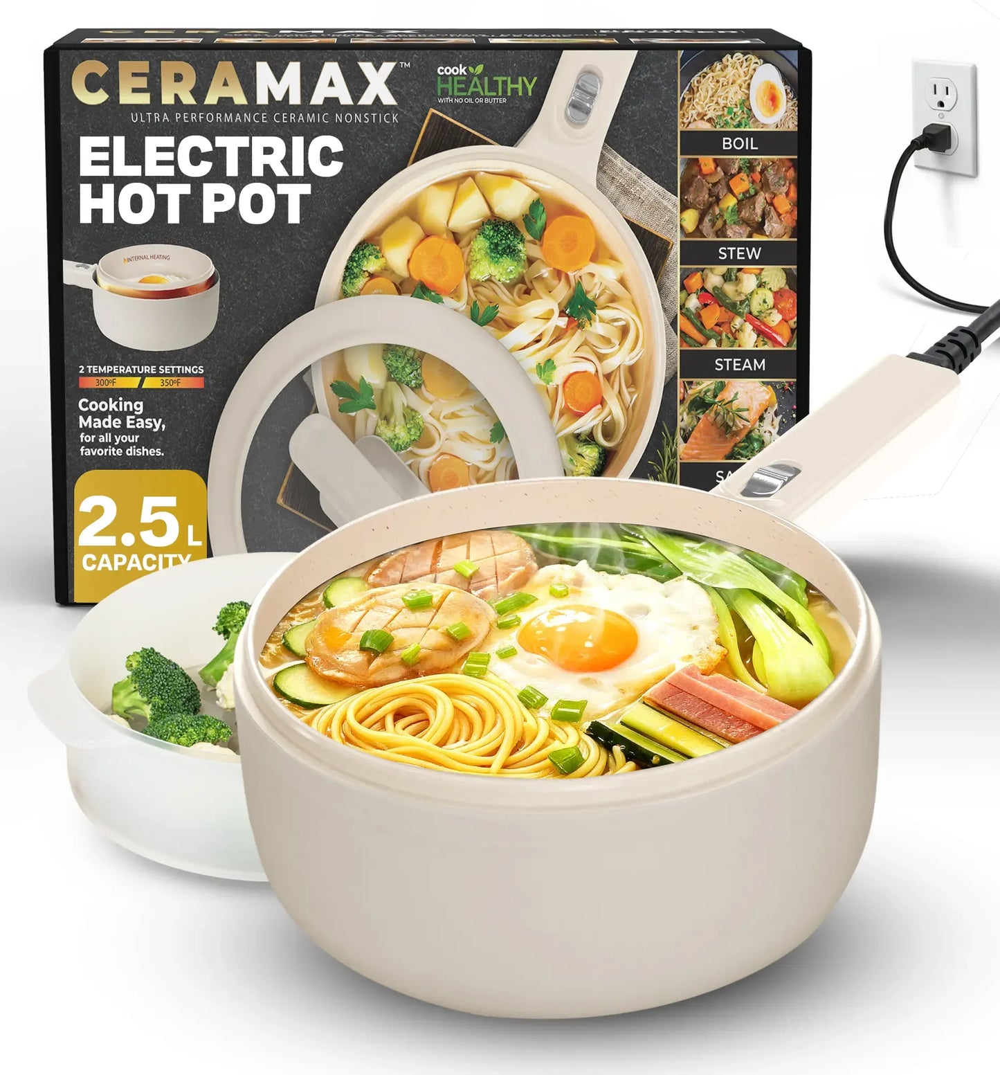 Electric Cooker Nonstick Ceramic Skillet Pan Hot Pot Mini Cooker with Lid Steamer