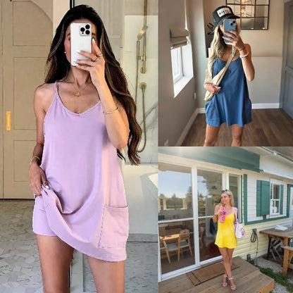 Women's Summer Sleeveless Mini Dress V Neck Spaghetti Straps Athletic Built-in Shorts Sundress SummerVibes