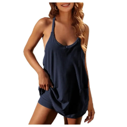 Women's Summer Sleeveless Mini Dress V Neck Spaghetti Straps Athletic Built-in Shorts Sundress SummerVibes