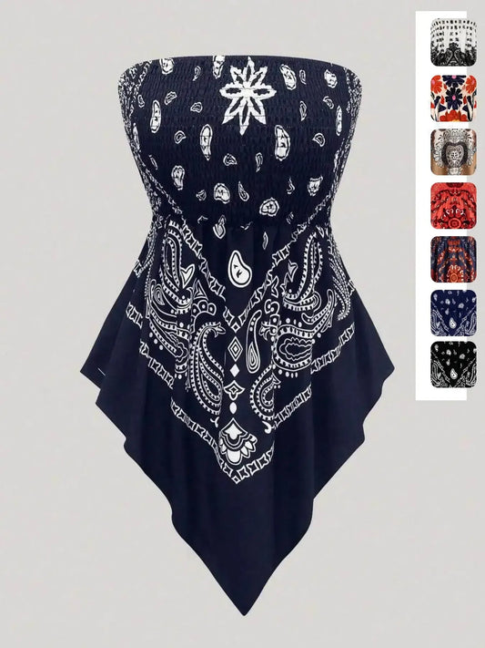 Plus Size Women's Ethnic Print Strapless Top, Bohemian Style Asymmetrical Hem Tube Top, Casual Summer Fashion Top