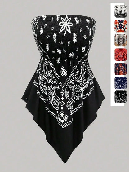 Plus Size Women's Ethnic Print Strapless Top, Bohemian Style Asymmetrical Hem Tube Top, Casual Summer Fashion Top