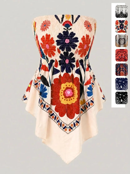 Plus Size Women's Ethnic Print Strapless Top, Bohemian Style Asymmetrical Hem Tube Top, Casual Summer Fashion Top