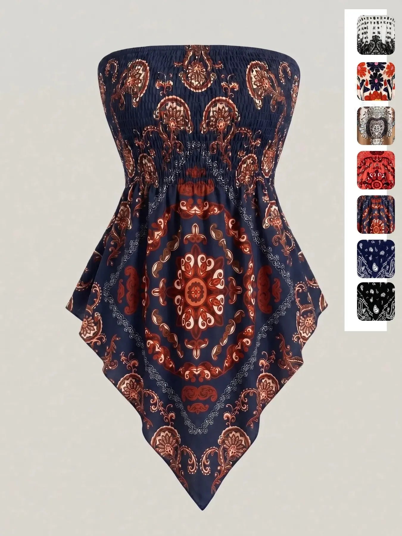 Plus Size Women's Ethnic Print Strapless Top, Bohemian Style Asymmetrical Hem Tube Top, Casual Summer Fashion Top