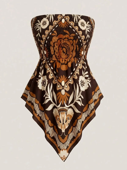 Plus Size Women's Ethnic Print Strapless Top, Bohemian Style Asymmetrical Hem Tube Top, Casual Summer Fashion Top