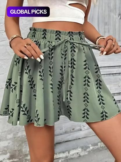 Women's All Over Print Knot Front Shorts, Casual Fashionable Shorts for Summer, Women's Bottoms for Daily Wear, Drawstring Beach Shorts