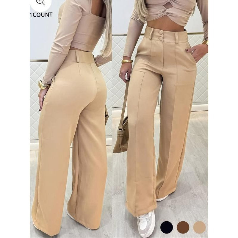 Women's Simple Wide-Leg Pants with Double Button Front