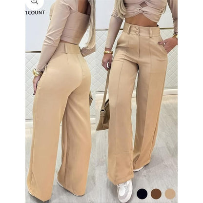 Women's Simple Wide-Leg Pants with Double Button Front