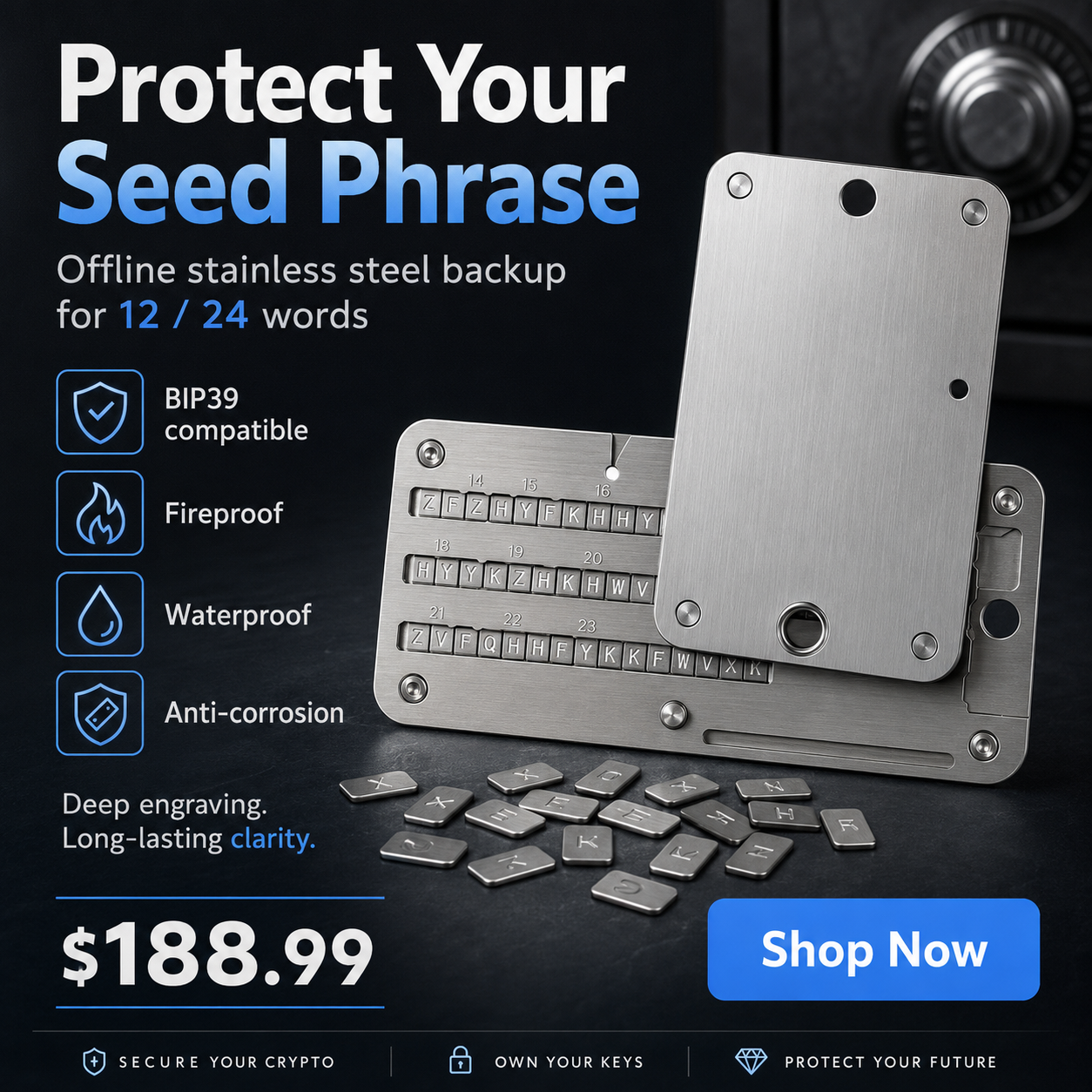 BIP39 Stainless Steel Mnemonic Seed Plate 12/24 Words