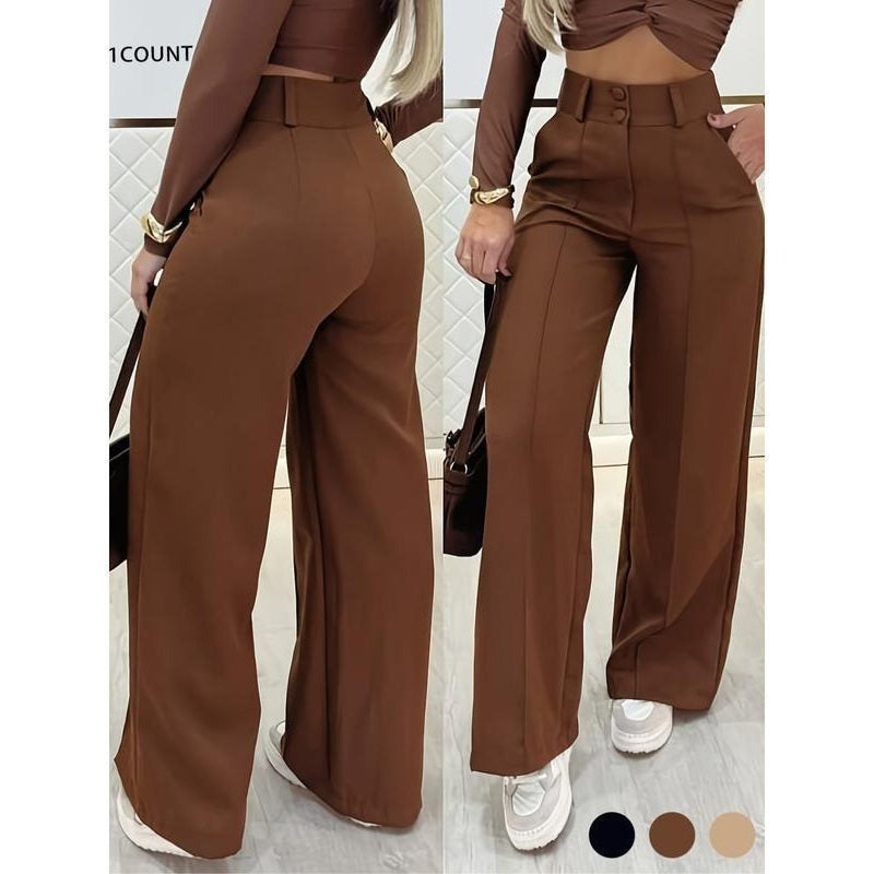 Women's Simple Wide-Leg Pants with Double Button Front