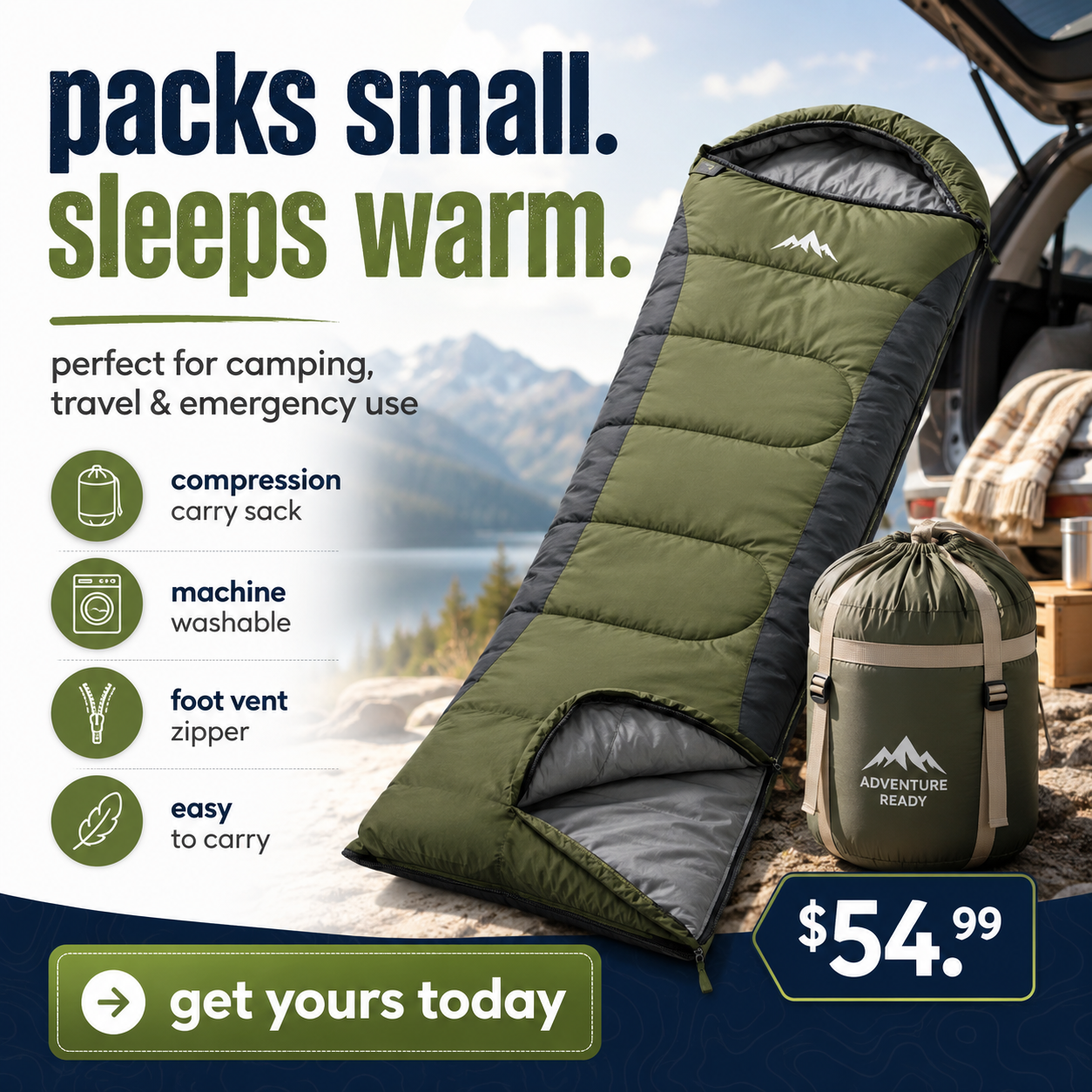 Lightweight Warm Sleeping Bag, Portable for Camping, Travel & Emergency Use